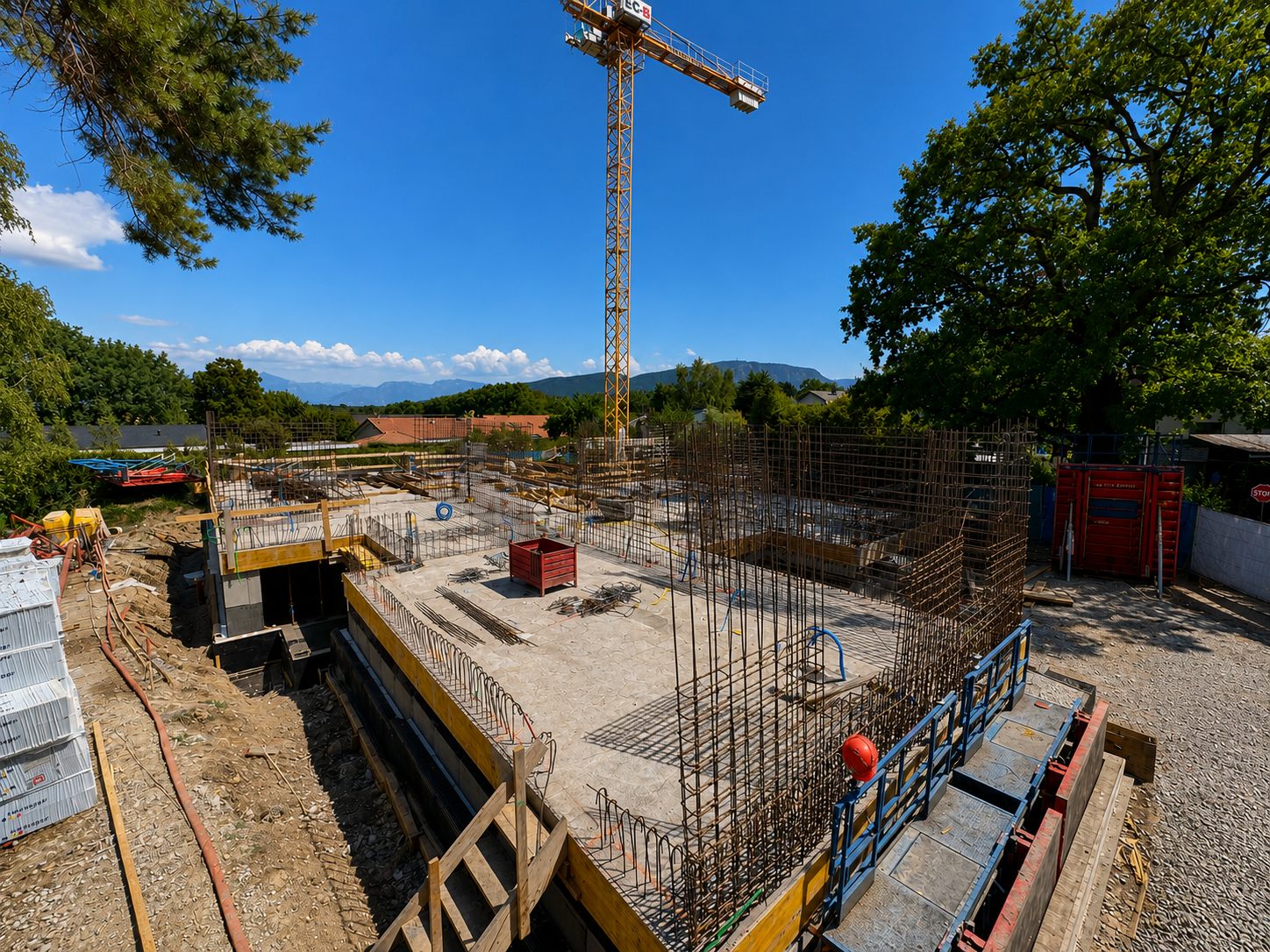 Vue d'ensemble du chantier de Vandœuvres, grue et ferraillage